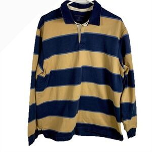 Eddie Bauer Rugby Shirt Polo Heavy Navy Blue Tan Striped Cotton Heritage Y2K